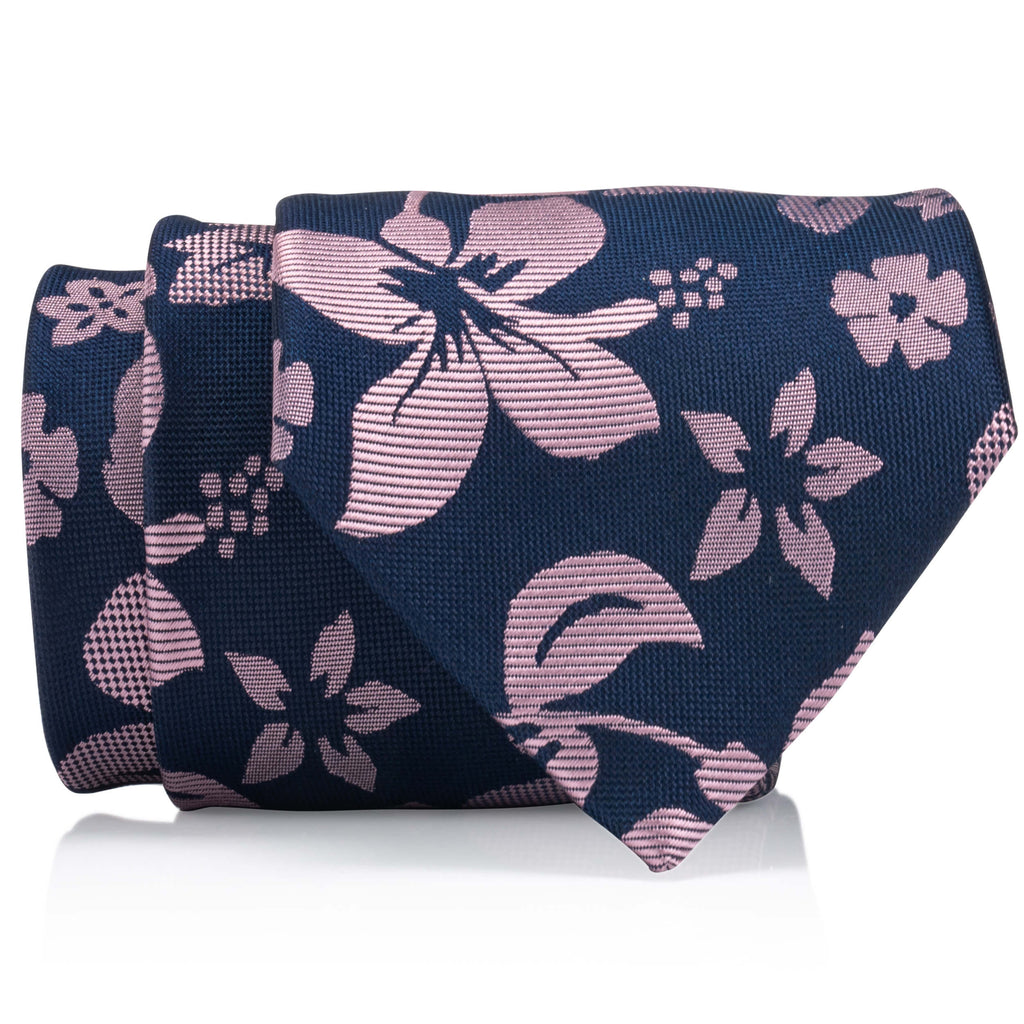 Navy and pink floral tie with pink flower design, perfect for adding a touch of elegance to any outfit.