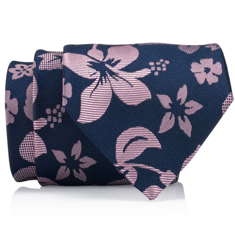 A navy and pink floral tie with a pink flower design, perfect for adding a touch of elegance to any outfit.