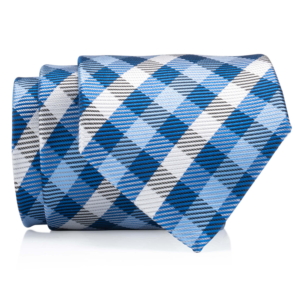 Blue and white checkered necktie on a white background.