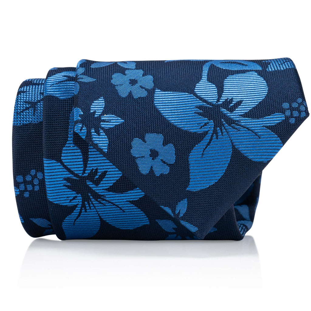 Blue and white floral tie with a blue flower design on a white background.