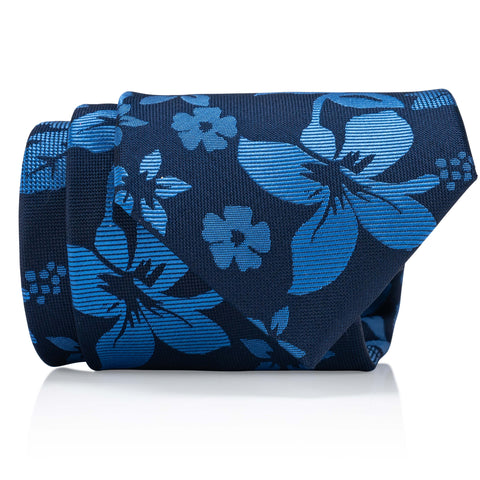 Blue and white floral tie with blue flower design.