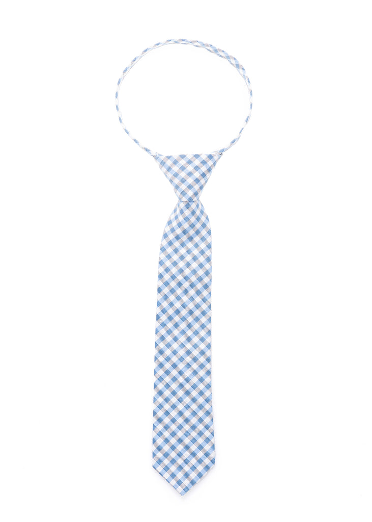 A blue and white checkered tie on a white background.