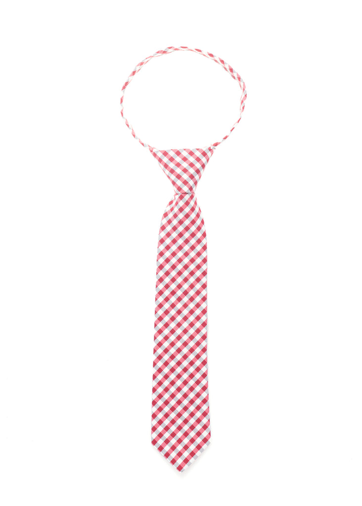 A red and white checkered neck tie on a white background, perfect for adding a touch of style to any outfit.