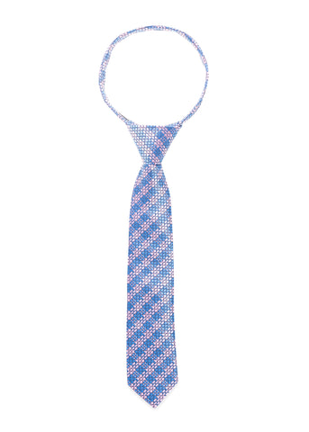 Blue and pink geometric pattern tie.