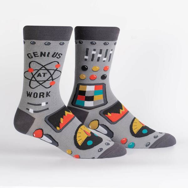 Men's socks with the words "Genius at Work" written on them.