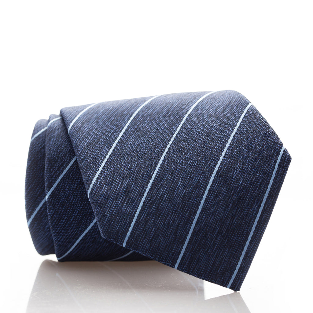 A blue striped neck tie with a white stripe, perfect for adding a touch of sophistication to any outfit.